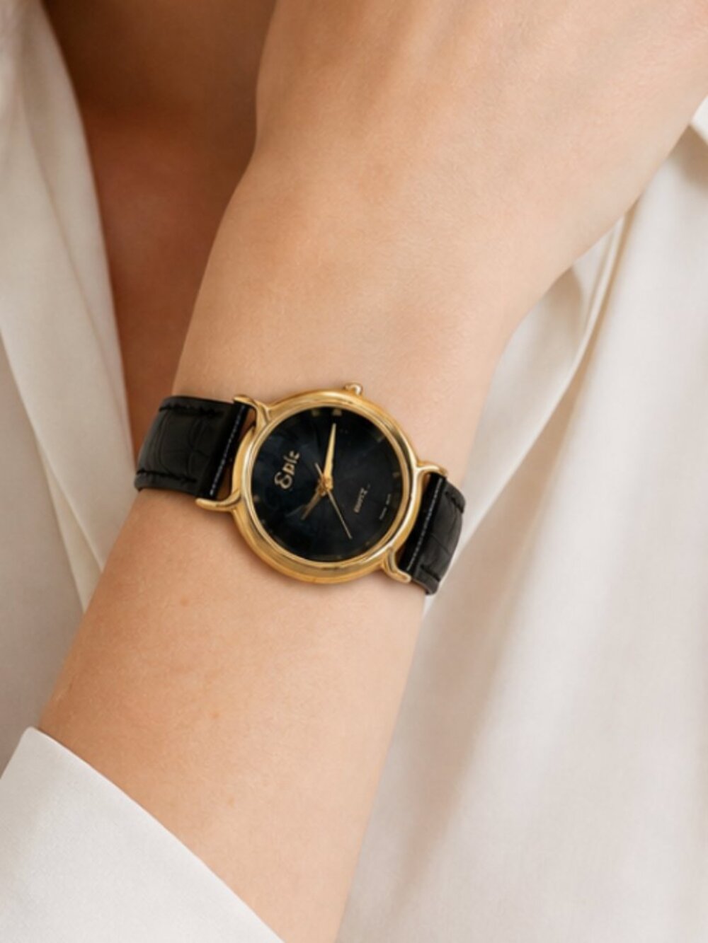 Womens Epic Diamond Glass Watch Gold Black Leather Wristband Watches